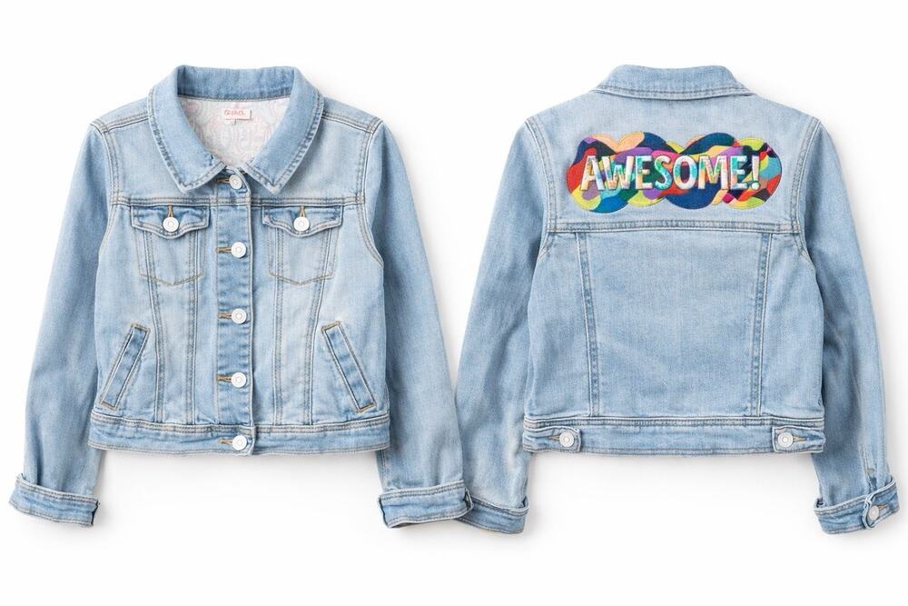 Cat & Jack Awesome Embroidery Youth M 7/8 Girls Denim Jean Jacket Rainbow